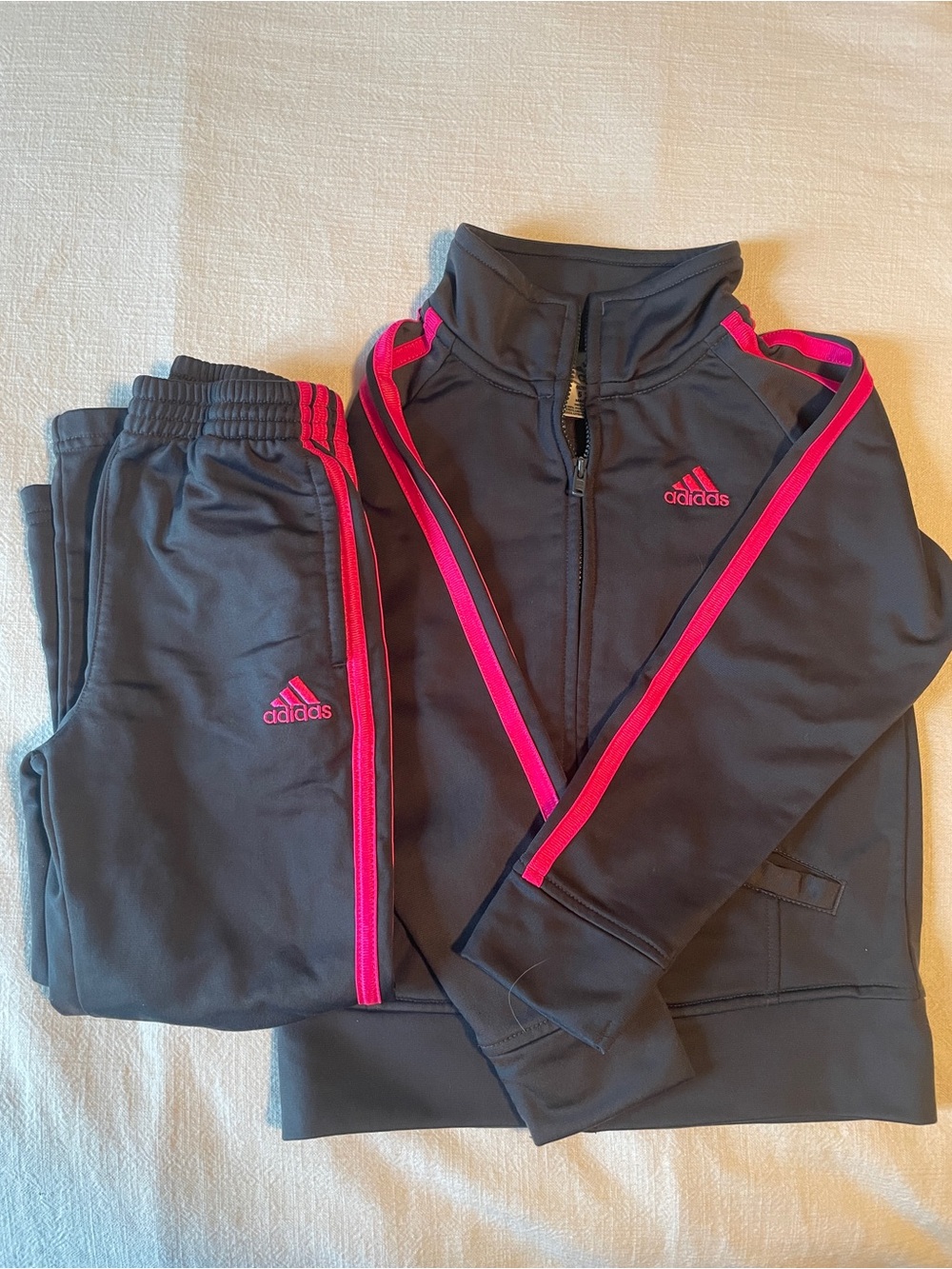 adidas Kids Black Sweatpants and Track Jacket with Pink Stripes